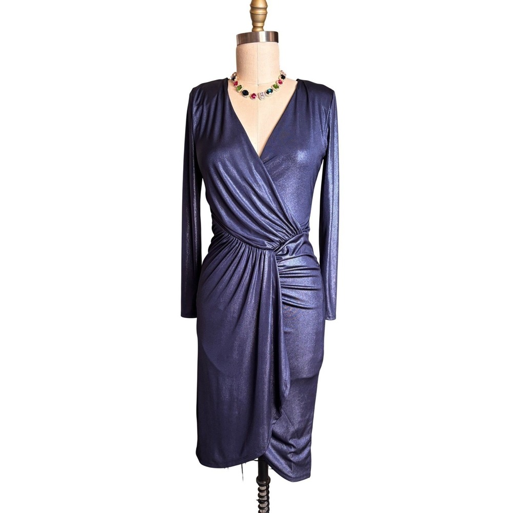 Cocktail Party Marciano by Guess Wrap Front Metallic Dress S Navy Blue